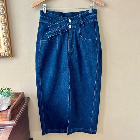 Anthropologie Pilcro The Arden Double-Waist Denim Midi Skirt Dark Wash Size 4 - Picture 4 of 10